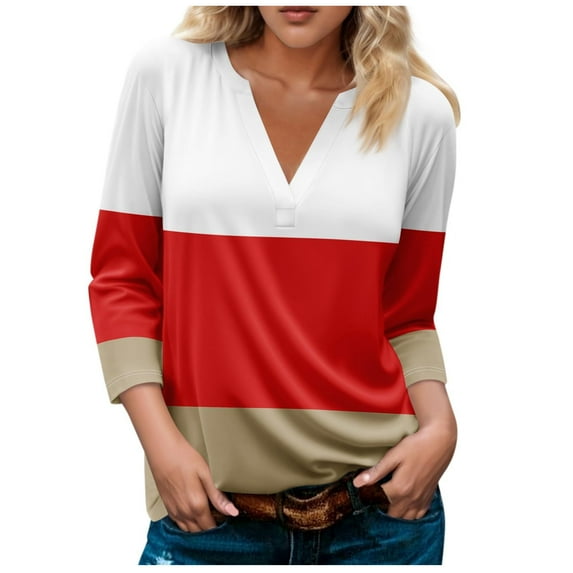 Scyoekwg Womens Tops V-Neck Three-quarter Sleeve Shirts Fashion Vintage Loose Fall Clothes Color Block Graphic Tops 3/4 Sleeve Tops Dressy Casual Blouses Blouses(Red,XXL)