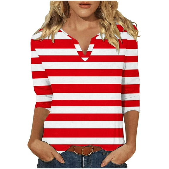 Scyoekwg Womens Tops V-Neck Three-quarter Sleeve Tshirt Loose 3/4 Sleeve Tops Fall Clothes Striped Printed Graphic Tops Fashion Dressy Casual Blouses Vintage Tops(Red,XXL)