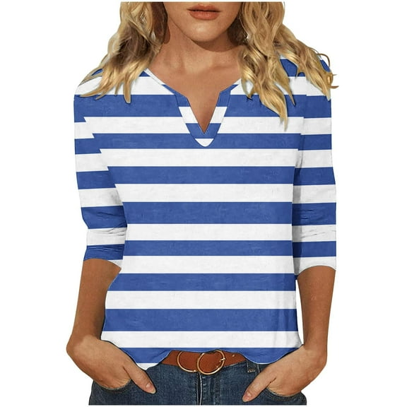 Scyoekwg Womens Tops V-Neck Three-quarter Sleeve Tshirt Loose 3/4 Sleeve Tops Fall Clothes Striped Printed Graphic Tops Fashion Dressy Casual Blouses Vintage Tops(Blue,XL)
