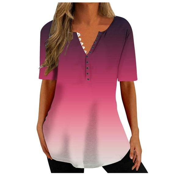 Scyoekwg Womens Trendy Tunic Tops To Wear With Leggings Short Sleeve Tshirts Plus Size Crewneck Button Shirt Casual Dressy Blouse Loose Comfy Gradient Color Blouses (#A=Hot Pink,XXXXXL)