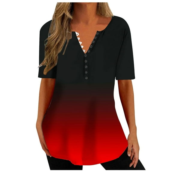 Scyoekwg Womens Trendy Tunic Tops To Wear With Leggings Short Sleeve Tshirts Plus Size Crewneck Button Shirt Casual Dressy Blouse Loose Comfy Gradient Color Graphic Blouses (Red,XL)