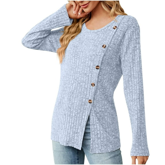 Scyoekwg Womens Tunic Tops Crew Neck Button Side Split Tunic Sweatshirt Long Sleeve T Shirts Dressy Casual Blouses Fall Tops Trendy Solid Color Loose Lightweight Pullover (Light Blue,XXL)