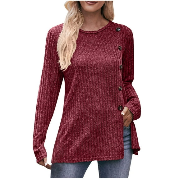 Scyoekwg Womens Tunic Tops Crew Neck Button Side Split Tunic Sweatshirt Trendy Dressy Casual Blouses Fall Tops Solid Color Loose Long Sleeve T Shirts Women Blouses Pullover (Wine,M)