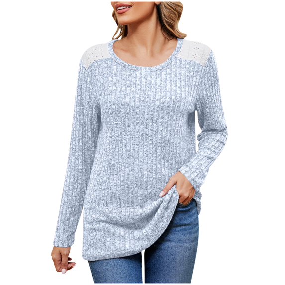 Scyoekwg Womens Tunic Tops Crew Neck Stripe Brushed Tunic Sweatshirts Loose Long Sleeve T Shirts Dressy Casual Blouses Fall Trendy Solid Color Lightweight Pullover (Light Blue,L)