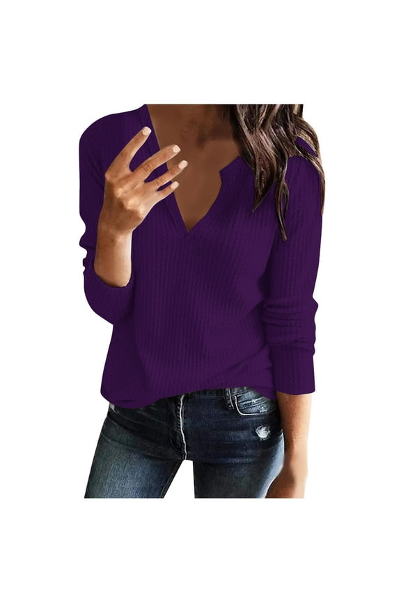 Womens Tunic Tops Fall Long Sleeve Dressy Casual Pullover Tops Trendy Comfy Clothes for Women Loose V-Neck Tunic Tops Solid Color Blouses(Purple,XL)
