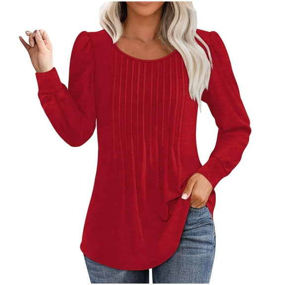 Scyoekwg Womens Tunic Tops Fall Long Sleeve Pullover Tops Trendy Dressy Casual Comfy Clothes for Women Loose Solid Color Crewneck Pleated Tunic Tops Blouses(Red,S)