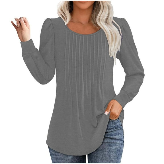 Scyoekwg Womens Tunic Tops Fall Long Sleeve Pullover Tops Trendy Dressy Casual Comfy Clothes for Women Loose Solid Color Crewneck Pleated Tunic Tops Blouses(Gray,S)