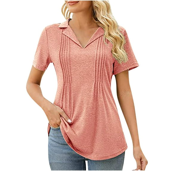 Scyoekwg Womens Tunic Tops Short Sleeve Solid Color Loose Fit Blouse Trendy Tee Shirts Lightweight Casual V-Neck Pleated Tunis Shirts Blouse Tops Pink XXL