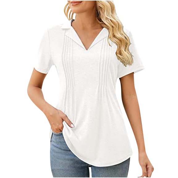 Scyoekwg Womens Tunic Tops Short Sleeve Solid Color Loose Fit Blouse Trendy Tee Shirts Lightweight Casual V-Neck Pleated Tunis Shirts Blouse Tops White XL(10)