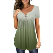 SCYOEKWG Womens Tunic Tops Short Sleeve Summer Looses Fit Blouses Trendy Casual Lightweight Short Sleeve T Shirts Gradient Print Shirts Henley Neck Basic Tops for Women Army Green XXL