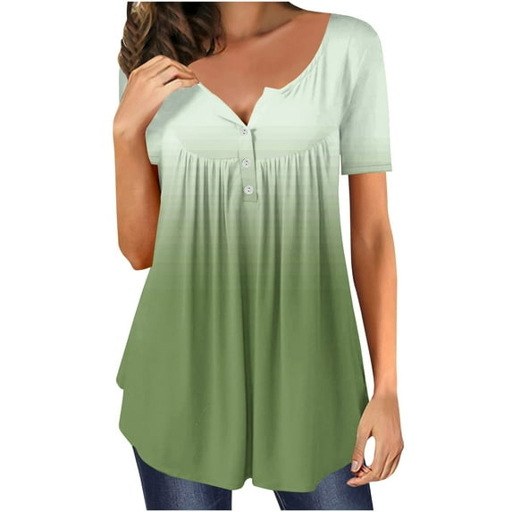 Scyoekwg Womens Tunic Tops Summer Short Sleeve Hide Belly Shirts Casual Dressy Round Neck Pleated Tunic Shirts Gradient Color Looses Blouse Tee (#A=Army Green,XXL)