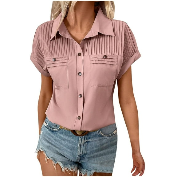 Scyoekwg Womens Turndown Collar Button Shirts Solid Color Pleated Dressy Casual Blouses Loose Comfy Work Shirts Tshirt (Pink,XL)