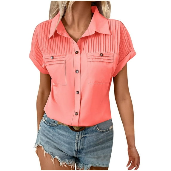 Scyoekwg Womens Turndown Collar Button Shirts Solid Color Pleated Dressy Casual Blouses Loose Comfy Work Shirts Tshirt (Red,L)