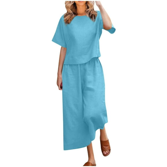 Scyoekwg Womens Two Piece Outfits Round Neck Short Sleeve Tops Long Pants Casual Loose Comfy Suit Sets (Sky Blue,L)