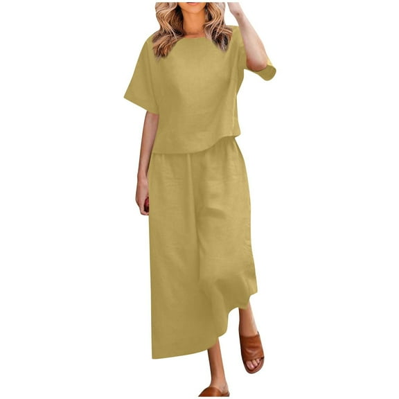 Scyoekwg Womens Two Piece Outfits Round Neck Short Sleeve Tops Long Pants Casual Loose Comfy Suit Sets (Yellow,XXL)