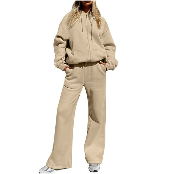 Scyoekwg Womens Two Piece Sets Fall Outfits Long Sleeve Sweatshirt Wide Leg Pants Fashion Matching Outfits Casual Two Piece Set Tracksuit (Khaki,XL)