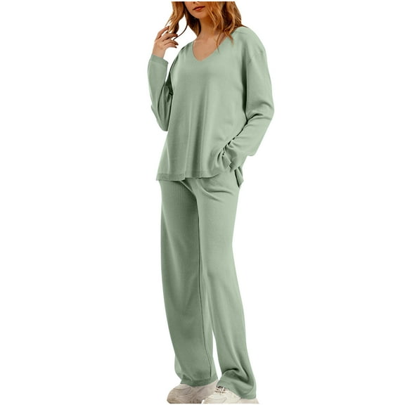 Scyoekwg Womens Two Piece Sweatsuit Long Sleeve Tops Wide Leg Pants Fashion Casual Matching Outfits Two Piece Set Sweatsuit Tracksuit (Green,Free Size)