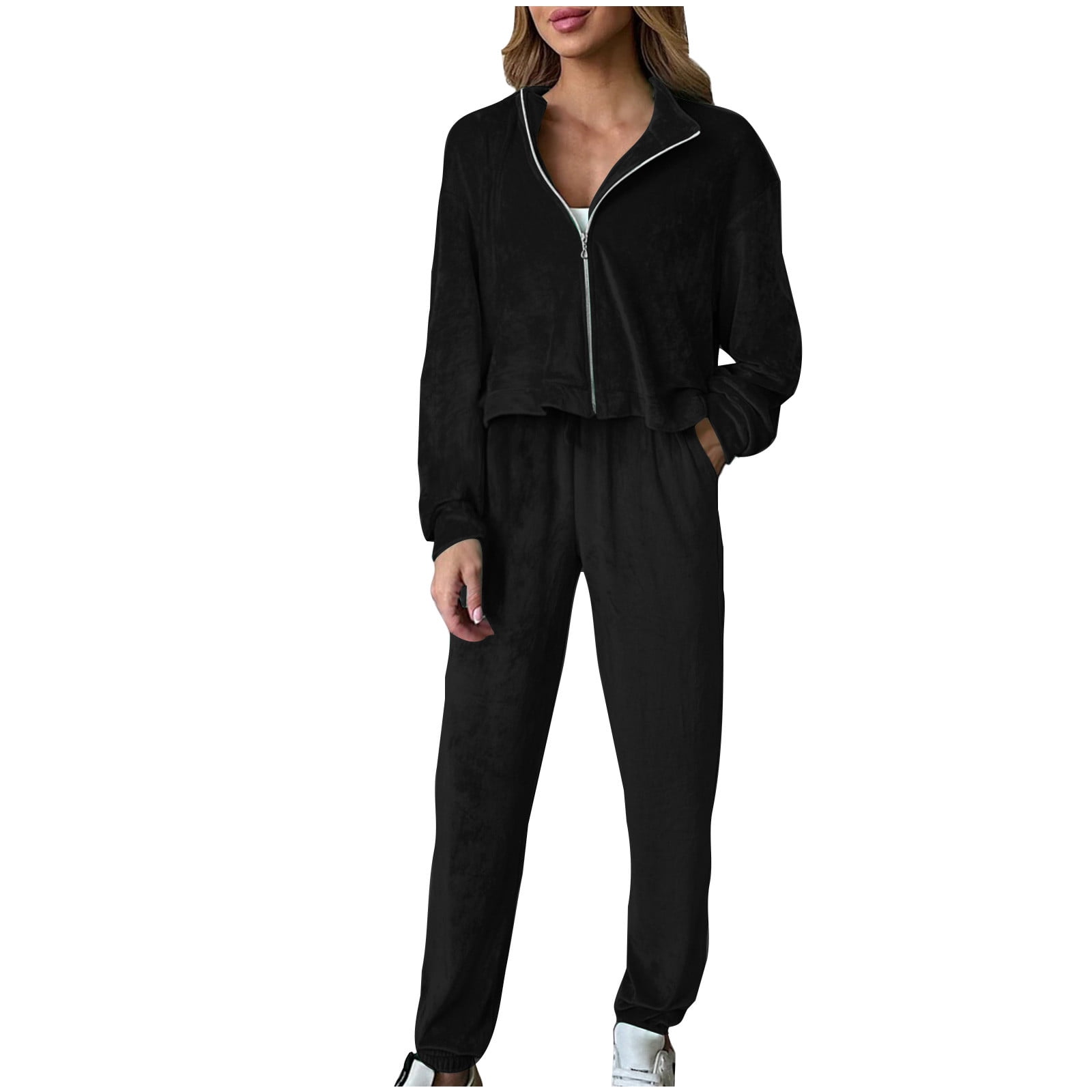 Sweetro Women 2pcs Casual Outfit, Front Zipper Long Sleeve Hoodie Top And Pants Set