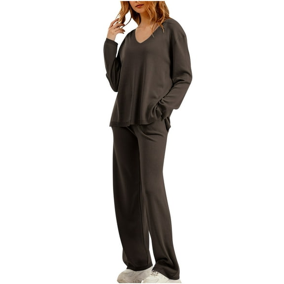 Scyoekwg Womens Two Piece Sweatsuit Long Sleeve Tops Wide Leg Pants Fashion Casual Matching Outfits Two Piece Set Sweatsuit Tracksuit (Brown,Free Size)