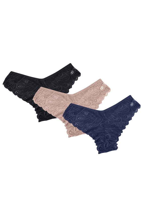 Womens Underwear Bikinis Briefs Mid Waisted Ladies Panties Solid Color Hipster Panties V-Waisted Hip Wrap Triangular Lace Underwear Breathable Underpants Pack of 3(Black,M)