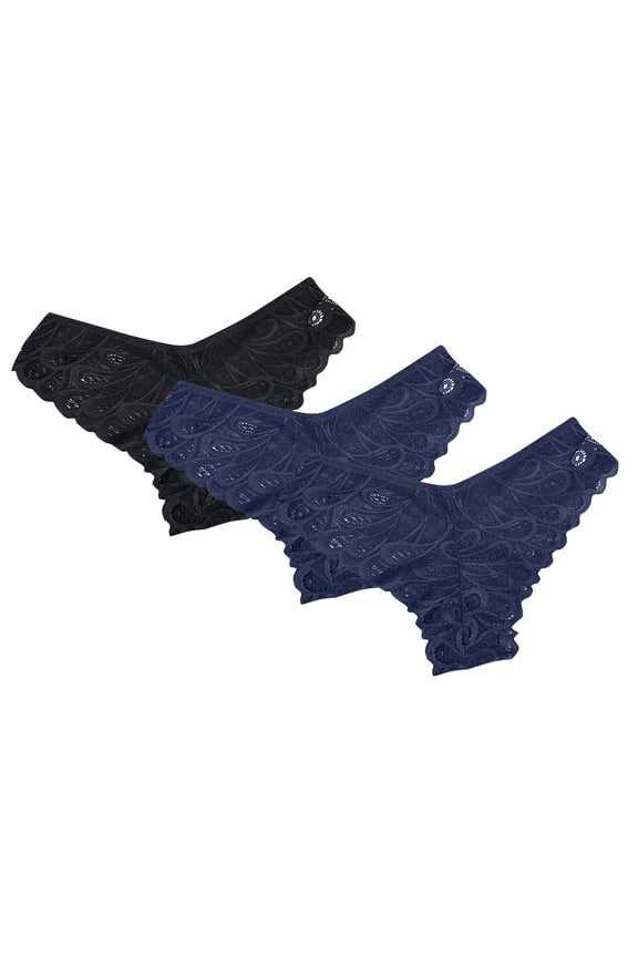 Womens Underwear Bikinis Briefs Mid Waisted Ladies Panties Solid Color Hipster Panties V-Waisted Hip Wrap Triangular Lace Underwear Breathable Underpants Pack of 3(Dark Blue,M)