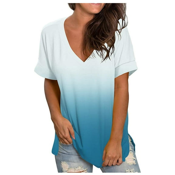 Scyoekwg Womens V Neck Gradient Tops Short Sleeve Shirts for Women Summer Loose Fit Cute Tees Casual Trendy Blouses Tshirt Pullover Light blue 3XL