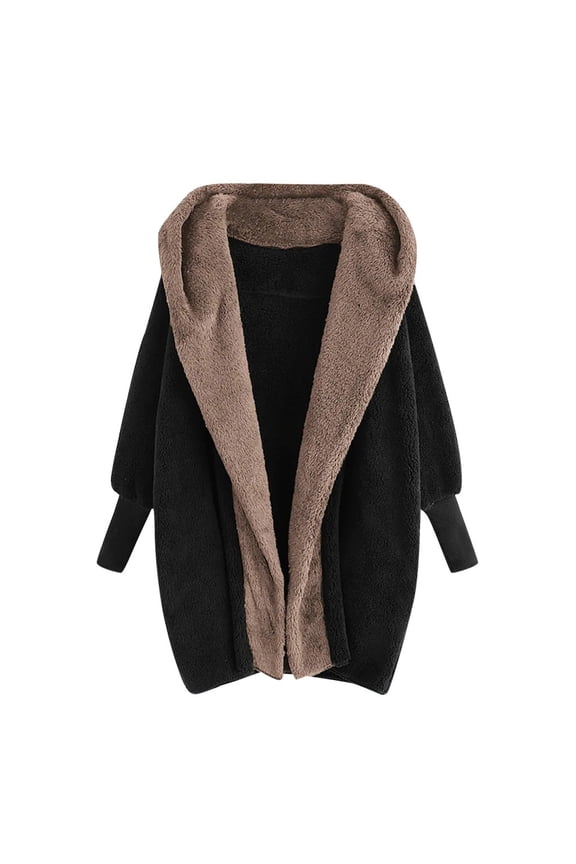 Womens Winter Coat Double-faced Fleece Plush Coat Outwear Casual Fall Winter Warm Coats Solid Color Loose Long Sleeve Tops Outerwear Black XXL(12)