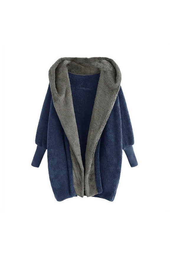 Womens Winter Coat Double-faced Fleece Plush Coat Outwear Casual Fall Winter Warm Coats Solid Color Loose Long Sleeve Tops Outerwear Blue M(6)
