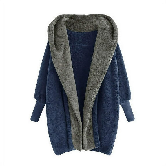 Scyoekwg Womens Winter Coat Double-faced Fleece Plush Coat Outwear Casual Fall Winter Warm Coats Solid Color Loose Long Sleeve Tops Outerwear Blue XXL(12)