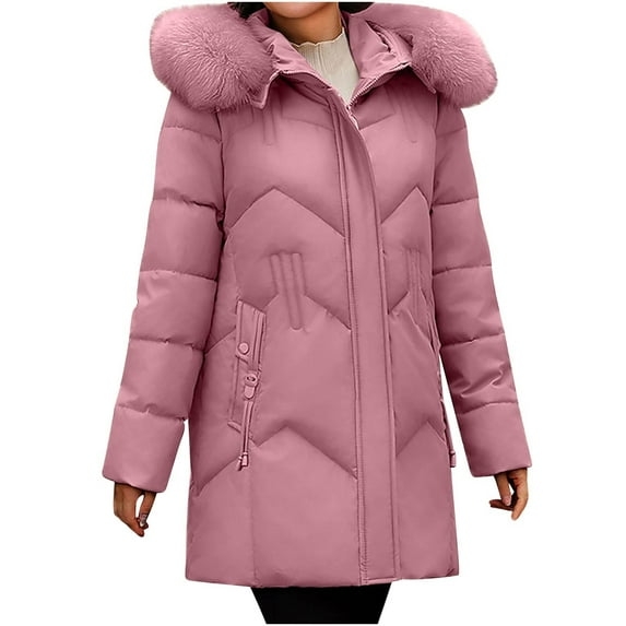 Scyoekwg Womens Winter Coats Winter Zipper Plus Thickened Fleece Warm Jacket Long Cotton Coat Solid Color Outwear Casual Loose Long Sleeve Outerwear (Pink,XXXL)
