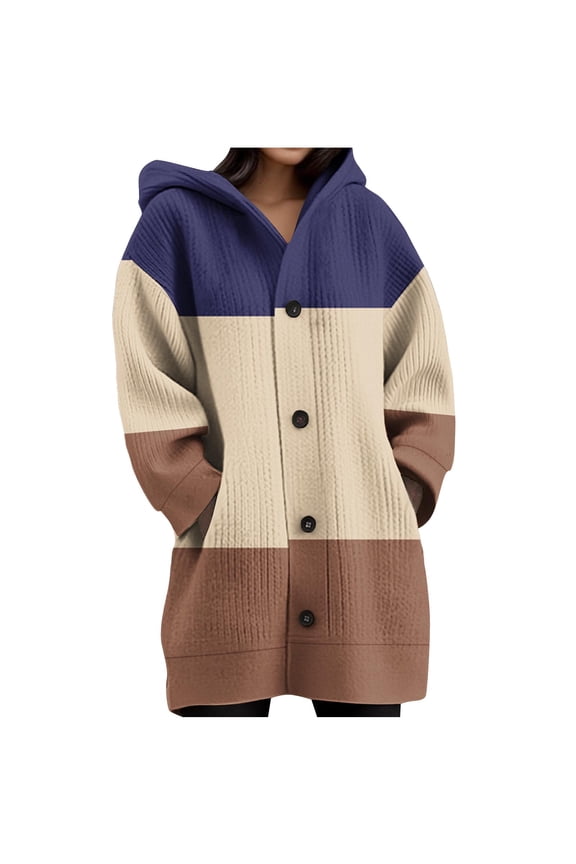 Womens Winter Coats Fall Fashion Hooded Jackets Long Sleeve Color Block Fashion Button Open Front Coats Warm Outwear with Pocket (Coffee,S)