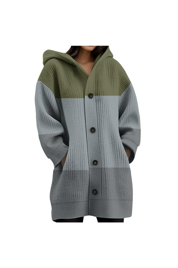 Womens Winter Coats Fall Fashion Hooded Jackets Long Sleeve Color Block Fashion Button Open Front Coats Warm Outwear with Pocket (Green,S)