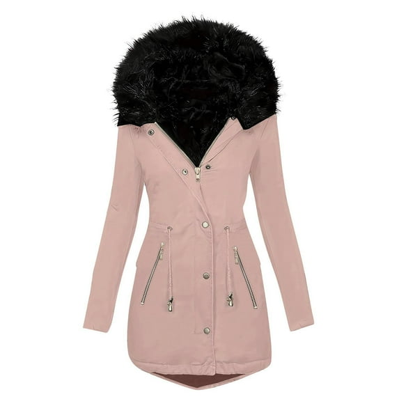 Scyoekwg Womens Winter Jacket Double Pocket Zipper Button Hooded Plush Jacket Fashion Loose Casual Long Sleeve Solid Color Warm Coats Outwear (Pink,S)