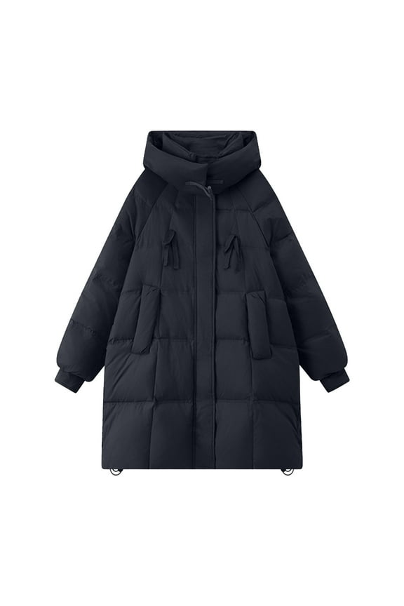 Womens Winter Jacket Hooded Mid-Length Puffer Jacket Long Sleeve Padded Warm Coat Thicken Outerwear Coats (Black,M)