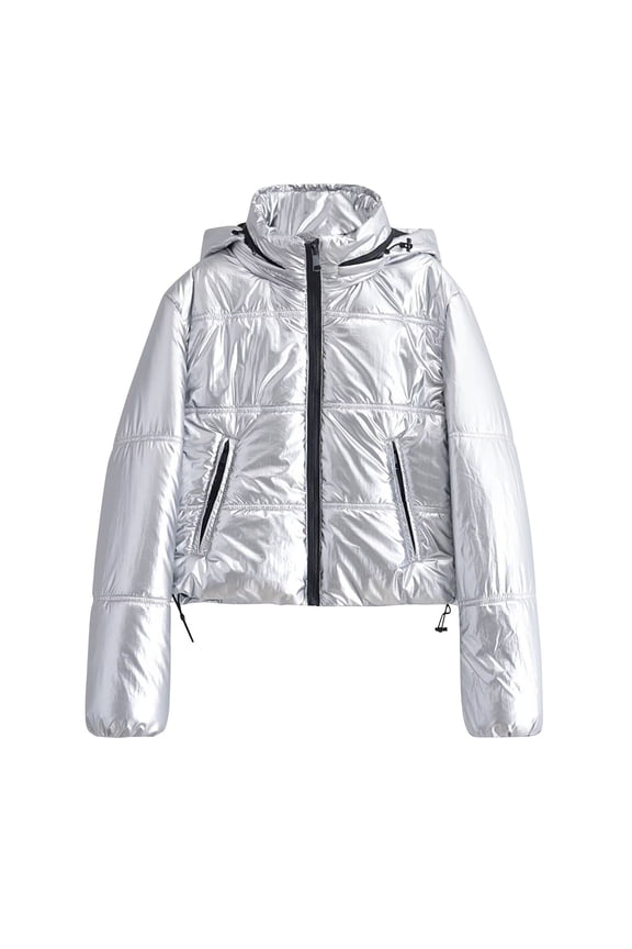 Womens Winter Jacket Shiny Puffer Jacket Casual Long Sleeve Hooded Warm Coats Short Zip Up Outerwear (Silver,XS)