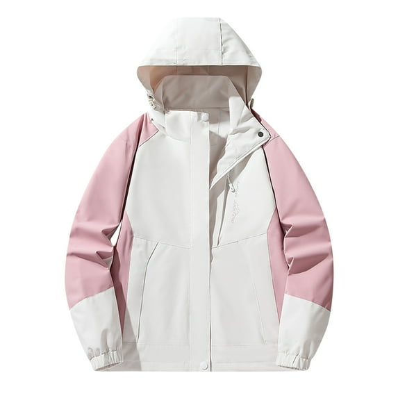 Scyoekwg Womens Winter Jackets Zipper Outdoor Single-Layer Charge Coat Hooded Sports Mountaineering Suit Coat Casual Color Block Long Sleeve Loose Outerwear (Pink,XL)