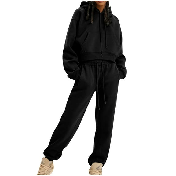 Scyoekwg Womens Workout Sets 2 Piece Fall Outfits Solid Color Hooded Long Sleeve Sweatshirts Elastic Waist Jogger Pants Sports Outfits Casual Fashion Loose Outfits (Black,L)