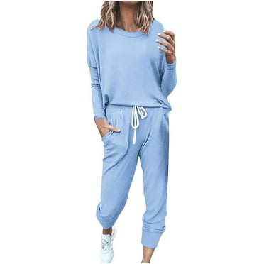 Scyoekwg Womens Workout Sets 2 Piece Fashion Solid Color Crewneck Long Sleeve Sweatshirts Drawstring Jogger Pants Workout Outfits Fall Outfits Casual Loose Set (Blue,M)