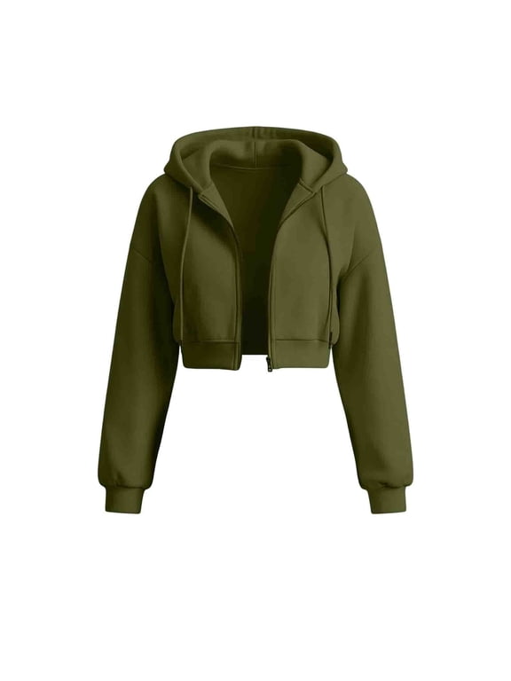 Womens Zip Up Cropped Hoodie Jacket Short Long Sleeve Drawstring Sweatshirt Coat with Side Pockets Solid Color Loose Streetwear Outerwear (Army Green,M)