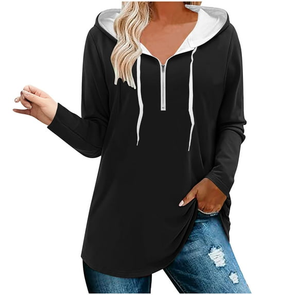 Scyoekwg Womens Zip Up Hoodies Solid Color Long Sleeve Drawstring Hooded Tunic Sweatshirts Casual Comfy Pullover Tops (Black,XL)
