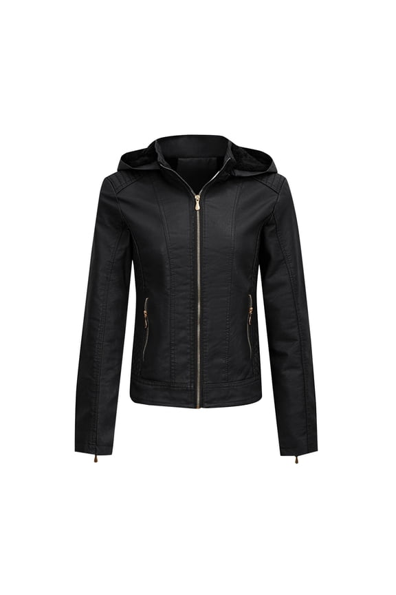 Womens Zip Up Leather Jackets Hooded Fall Jacket Long Sleeve Winter Warm Coats Casual Slim Short Outerwear (Black,XS)