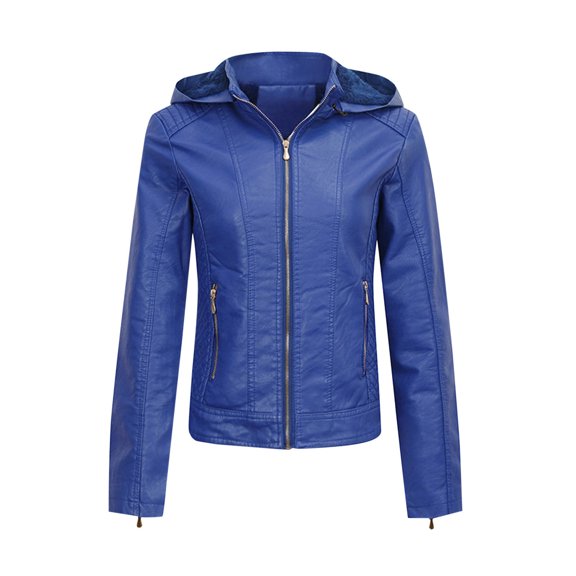 Scyoekwg Womens Zip Up Leather Jackets Hooded Fall Jacket Long Sleeve Winter Warm Coats Casual Slim Short Outerwear (Blue,S)