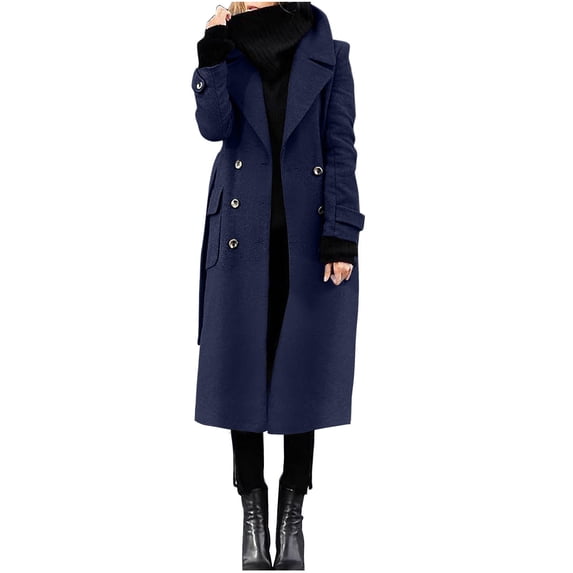 Scyoekwg Wool Coats for Women Winter Double Breasted Wool Jackets Business Casual Long Sleeve Warm Long Coat With Belt (Blue,XL)