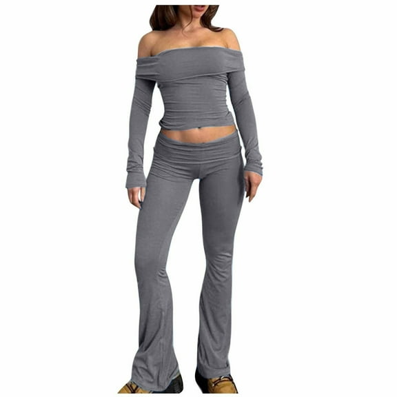 Scyoekwg Workout Outfits For Women Slim Fitting Long Sleeve Tops Long Pants Casual Matching Outfits Fashion Two Piece Set (Gray,XL)