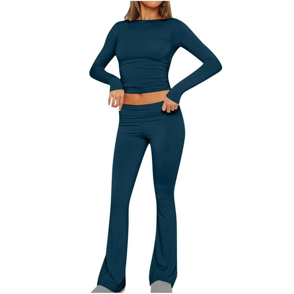 Scyoekwg Workout Outfits For Women 2 Piece Slim Fitting Sports Sets Long Sleeve Tops Long Pants Fashion Two Piece Set Casual Matching Outfits Sets (Navy,L)