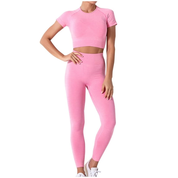 Scyoekwg Workout Sets for Women Casual Tracksuit Sweatsuits Sets Loose Solid Color Short Sleeve Round Neck Slim Tops Jogger Pants Trendy Outfits (Hot Pink,L)