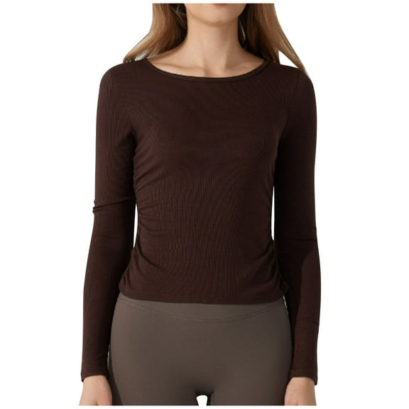 Scyoekwg Yoga Tops for Women Crew Neck Slim Yoga Sports Fitness Top Loose Lightweight Solid Color Long Sleeve Women Blouses Trendy Pullover (Coffee,L)