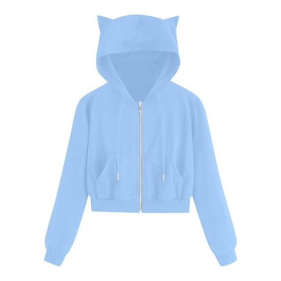 Scyoekwg Zip Up Hoodie Women Cute Cat Ear Cropped Swratshirts Y2K Jackets Fall Trendy Long Sleeve Hooded Cropped Coats Casual Solid Color Outwear (Blue,S)