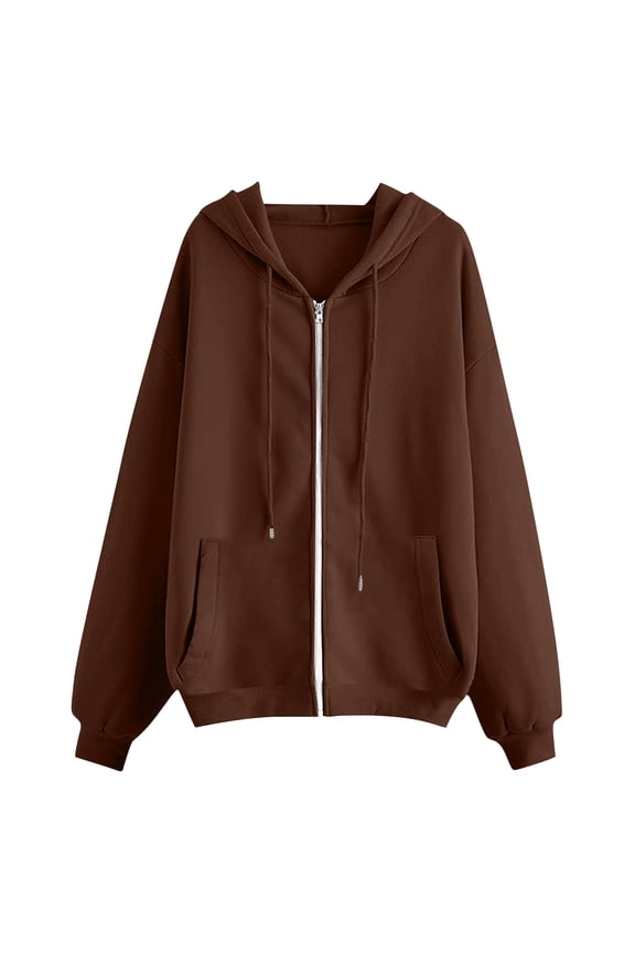 Zip Up Hoodies for Women Coats Long Sleeve Y2K Hoodies Trendy Solid Color Casual Hooded Sweatshirts with Pockets (Brown,L)