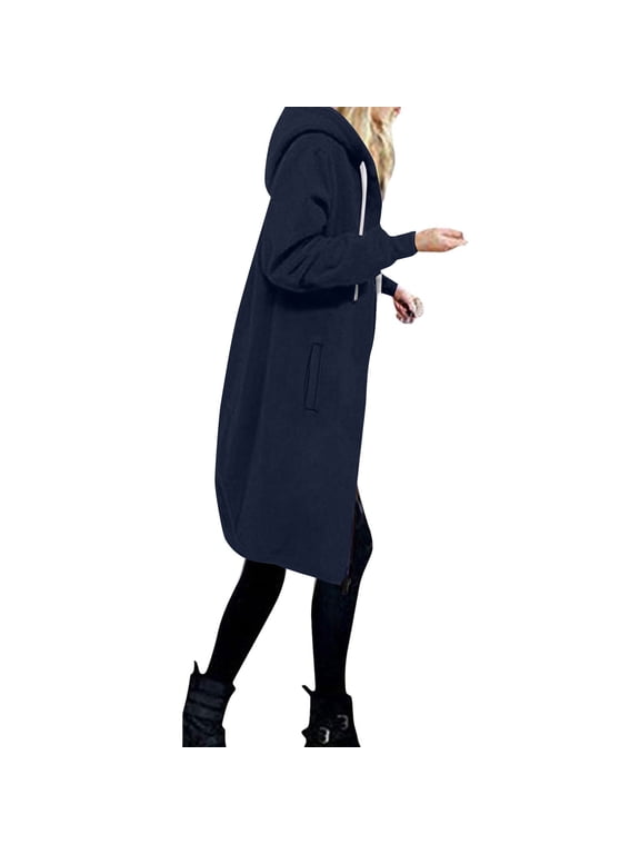 Zip Up Hoodies for Women Drawstring Hooded Long Coats Loose Fit Casual Winter Sweatshirts with Pocket,Navy,L